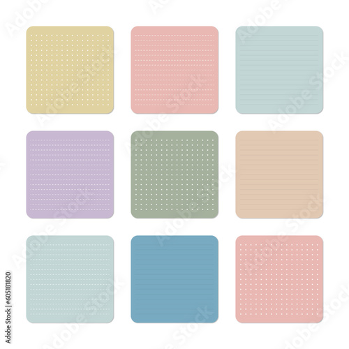 Set of colored sheets of note papers with rounded corners. Notepad. Memo. Vector illustration of colorful notepad sheets. Pastel notepad. Square. Lined paper note. Dotted line paper note.