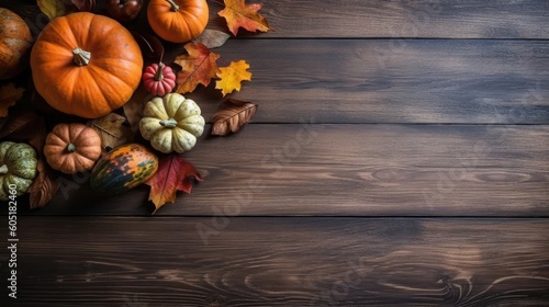 Top View of Thanksgiving day banner design of a collection of pumpkins and other vegetables on brown wood table background