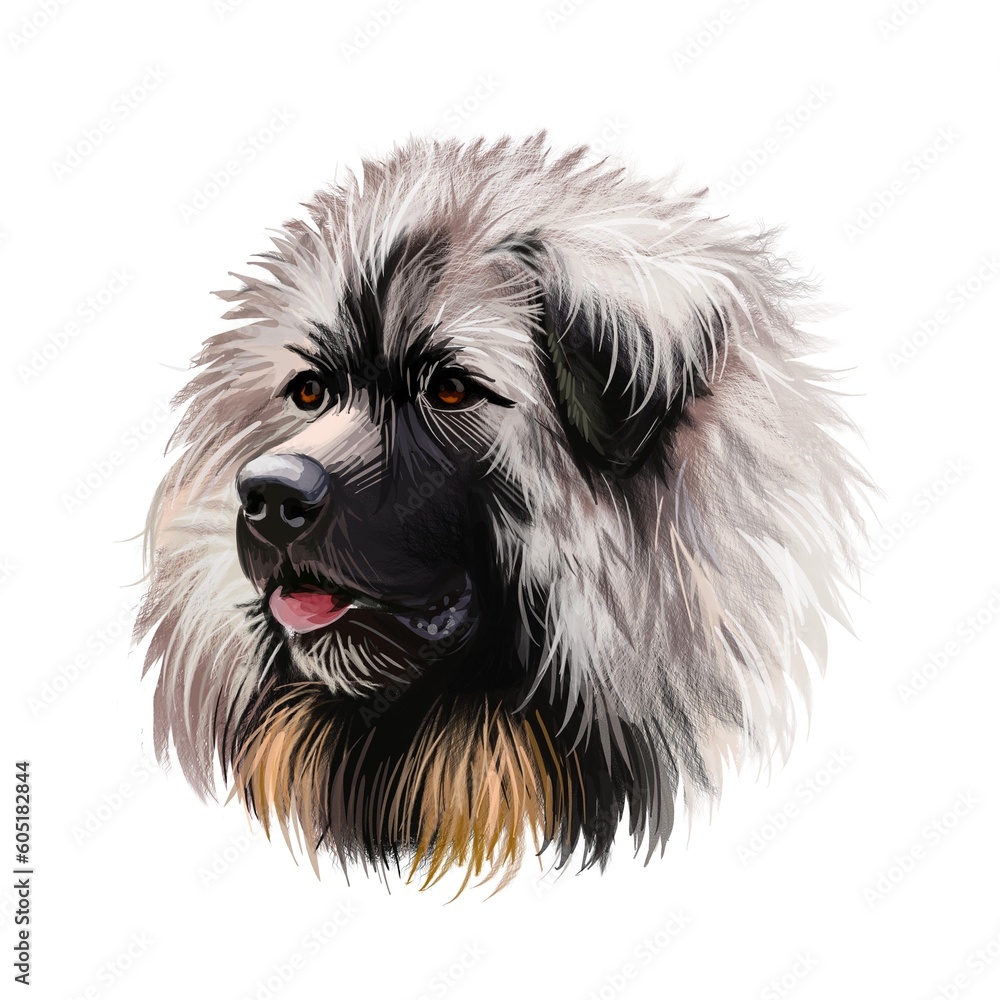 Obraz premium Sarplaninac dog portrait isolated on white. Digital art illustration of hand drawn web, t-shirt print and puppy food cover design. Yugoslavian Shepherd Dog, molosser-type mountain dog. Charplaninatz.