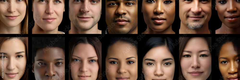 Collage of portraits and faces of multiracial group of various smiling young men and women. Generative ai Collage of portraits and faces of multiracial group of various smiling young men and women. Generative ai