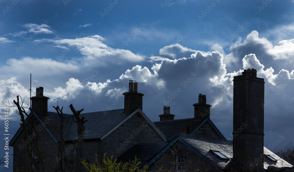 Houses Chimey's and clouds. Dunnet Head. Scotland. North coast.