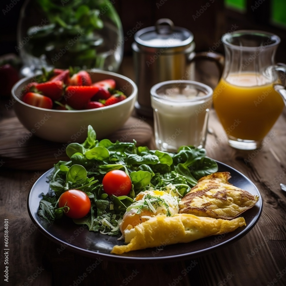 Healthy Breakfast: Omelette, Salad, Juice, Coffee. Generative AI