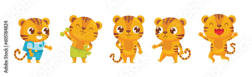 Cute Striped Tiger Engaged in Different Activity Vector Set