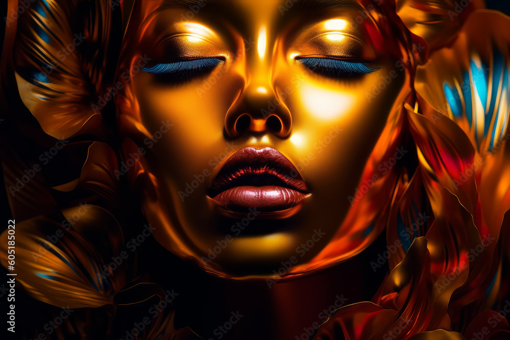 Gold painted woman's face with closed eyes, surrounded by shiny golden leaves. Fantasy surreal style. Generative AI.