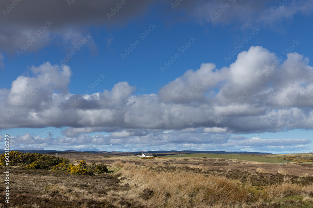 Bettyhill, Scotland, hills,  Scottish highlands, heather and peat fields, clouds, 