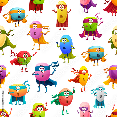 Vitamin superhero characters seamless pattern. Vector cartoon food supplement capsules with happy faces. Funny multicolored nutritional elements personages in face masks and cloaks with happy faces