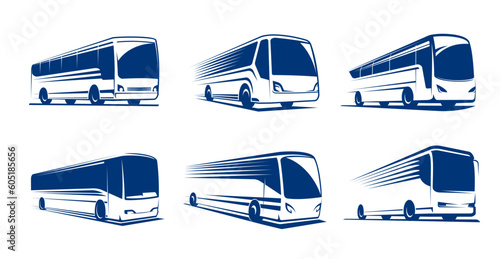 Travel bus icons, tour transport or public transportation service, vector emblems. Tourism or passenger travel trip bus icon for, city coach van station or airport express transfer or shuttle bus