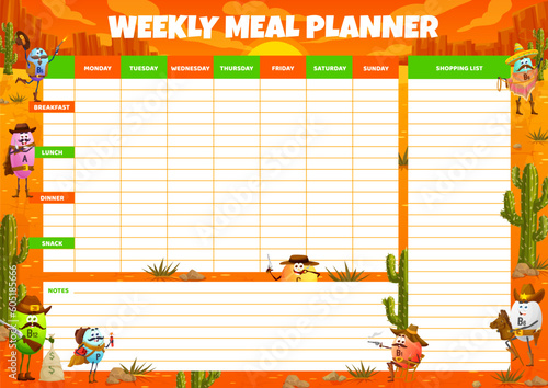 Weekly meal planner, cartoon vitamin western cowboy, sheriff, ranger and bandit characters, vector food plan. Funny vitamin pills as Western cowboys on weekly diet schedule or food plan organizer