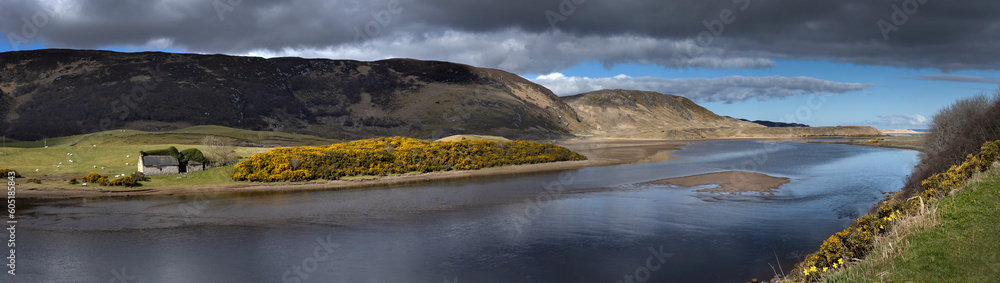 Bettyhill, broom, Scotland, hills,  Scottish highlands, panorama, river Naver, panorama, river mouth, tiny house,