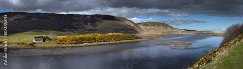 Bettyhill, broom, Scotland, hills, Scottish highlands, panorama, river Naver, panorama, river mouth, tiny house,