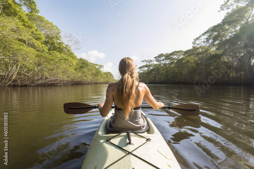 back view of Young Woman Kayaking Through the Backwaters of Monroe Island