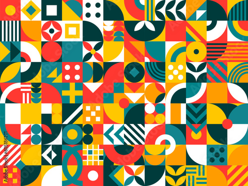 Bauhaus modern geometric pattern grid, abstract mosaic vector background. Scandinavian or Swiss Bauhaus color art and shapes pattern with geometric square, circle and triangle mosaic background
