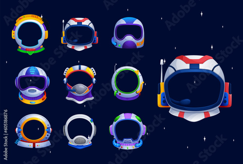 Kids astronaut space helmets, photo booth prop vector mockups. Cartoon spaceman helmets, astronaut space suit masks with antennas, microphones and oxygen tubes photo booth frames for kids party