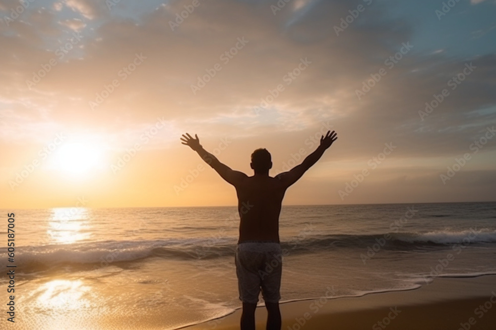 back view of Young man arms outstretched by the sea at sunrise enjoying freedom and life