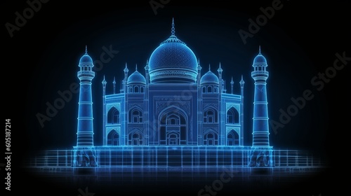 Wireframe of the Taj Mahal. Building of the blue lines on a dark background. Front view. Vector illustration. generative ai 