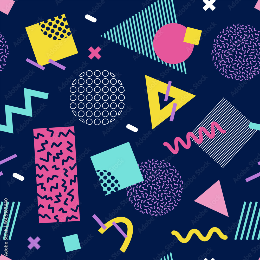 Obraz premium Abstract seamless pattern 80s 90s with geometric shapes in the Memphis style. Vector retro hipster print