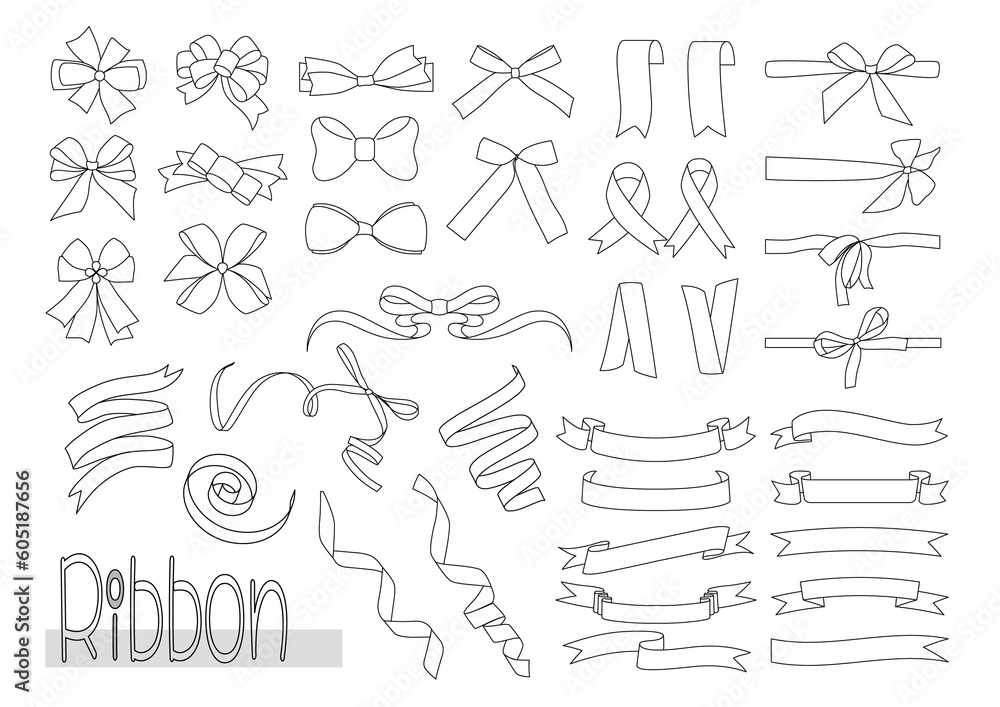 Obraz premium シンプルなリボンとリボンフレームのイラストセット、線画、PNG、黒線