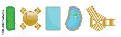 Bush, Swimming Pool, Wooden Table and Gazebo as Landscape Elements Above View Vector Set