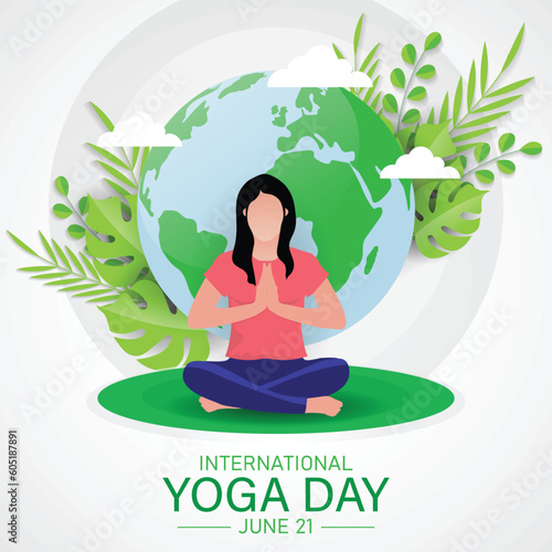 International yoga day banner or poster template design.Woman doing yoga pose, vector illustration.