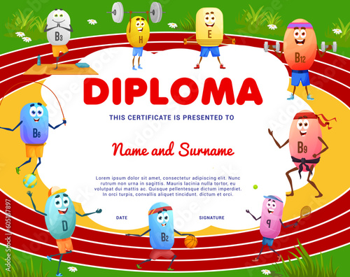 Kids diploma, cartoon vitamin characters on sport arena, vector certificate award. School or kindergarten diploma award with funny vitamins in sport activity, play basketball or on fitness and gym