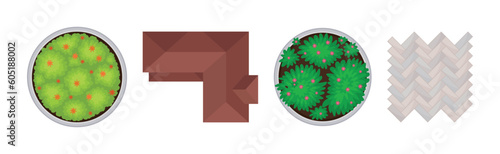 Bush Growth, Pavement and Roof Top as Landscape Elements Above View Vector Set
