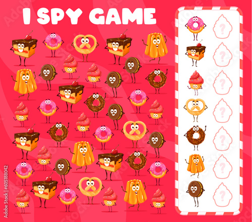 I spy game cartoon bakery, sweets and dessert characters. Kids vector math rebus count how many donuts, cakes, muffins or pretzels, cookie and baba funny personage. Riddle task for preschool education