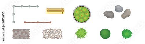 Bush, Stone Walkway, Bench and Fence as Landscape Elements Above View Vector Set