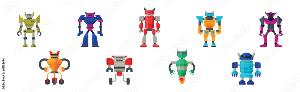 Robot Transformer as Automated Action Figure Toy with Shifting Parts Vector Set Robot Transformer as Automated Action Figure Toy with Shifting Parts Vector Set