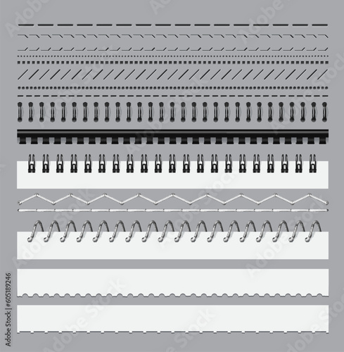 Stitch, notebook perforation, spiral binding and dividers. Calendar, sketchbook and scrapbook 3d realistic vector page binder spiral and ring, ripped and torn paper sheet perforated border or divider