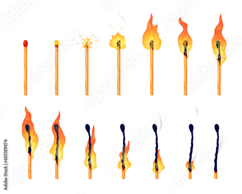 Burning match animation. Cartoon matchstick red sulfur head ignite spark, blazing hot flame movement and match burned wood smoke motion isolated vector animation sequence or loop