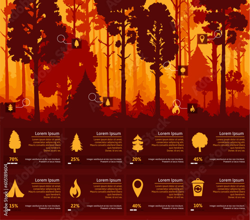 Forest silhouette infographics with nature landscape background of vector pine and spruce trees, grass and shrubs. Ecology infographic percentage graphics, forest tree, camping tent, fire icons