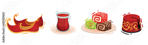 Turkey Culture Traditional Symbols with Shoes, Tea, Fez Hat and Lokum Vector Set