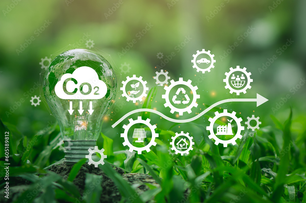 Reduce CO2 emission concept, Light bulb with CO2 icon.Green energy