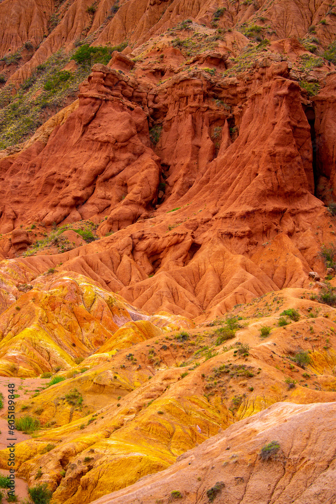 Natural unusual landscape red canyon of extraordinary beauty is similar to the Martian landscape. Multi-colored canyon fairy tale in Kyrgyzstan. Charyn Canyon. Amazing beautiful landscape.