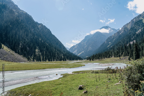 hiking in kyrgyzstan, the mountains Tian Shan, view with the river and mointains