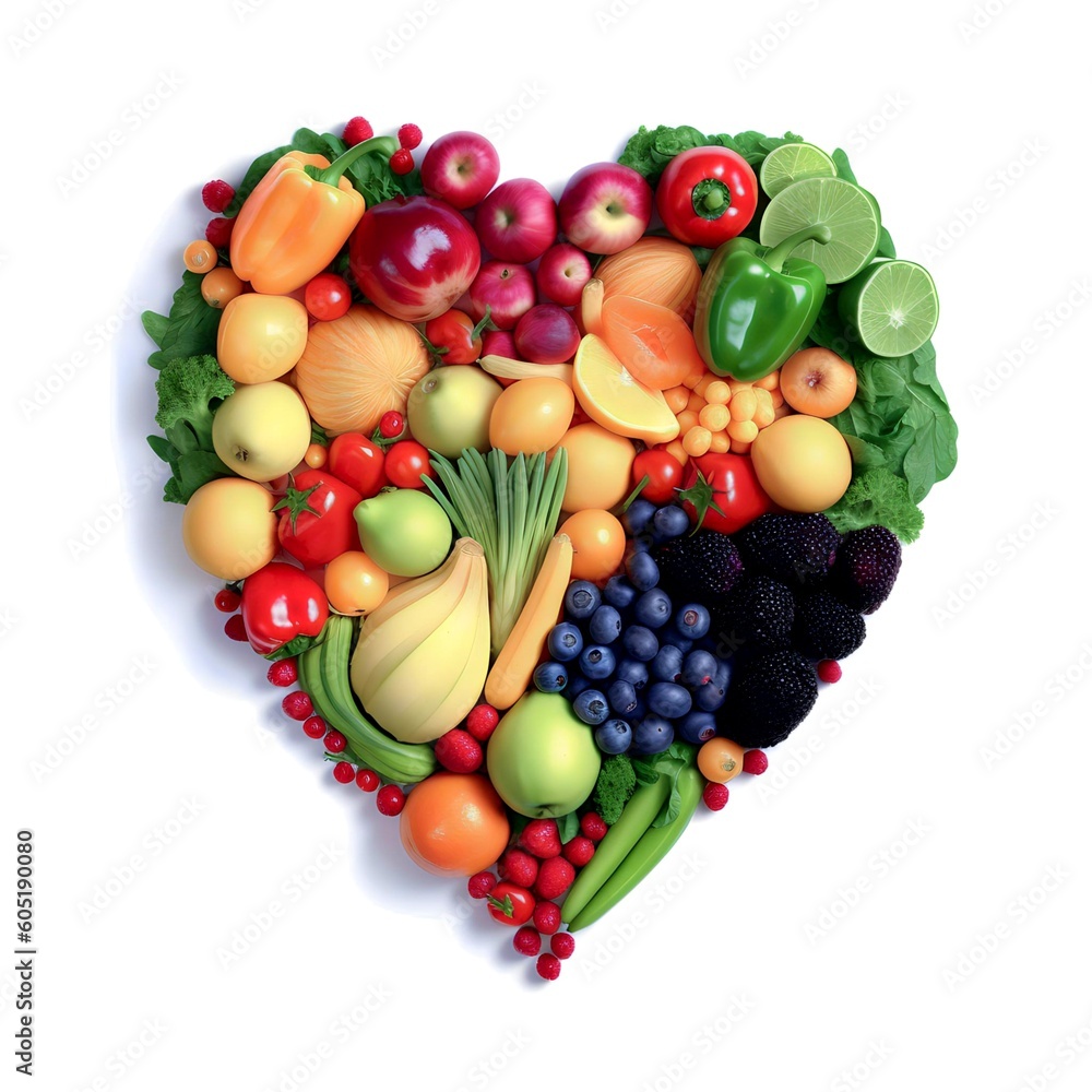 vegetables and fruits shaped into a heart on a white background made with generative ai