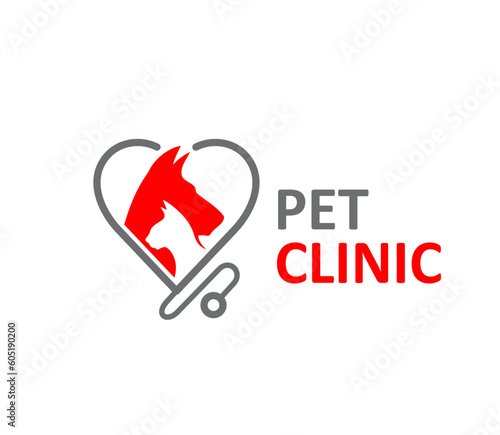 Pet clinic icon with vector dog and cat animal heads in heart frame of veterinarian stethoscope. Pet care and veterinary medicine isolated red symbol for vet hospital and animal care clinic