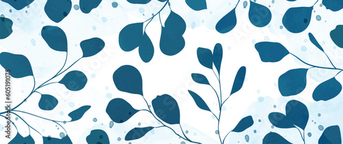 Abstract botanical art background vector. Watercolor hand drawn leaf branches, foliage, indigo blue. Design illustration for wallpaper, banner, print, poster, cover, greeting and invitation card.