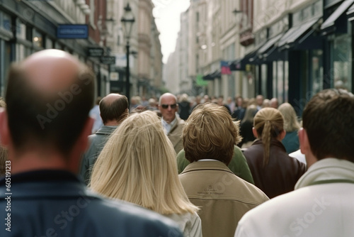 back view of Heads of shoppers and commuters in a busy urban street scene