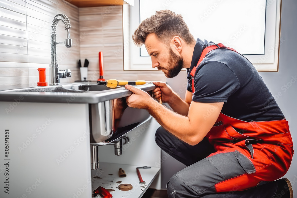 Young plumber at work in house. Professional plumbing repair service handyman doing maintenance work on sink. Generative AI Young plumber at work in house. Professional plumbing repair service handyman doing maintenance work on sink. Generative AI