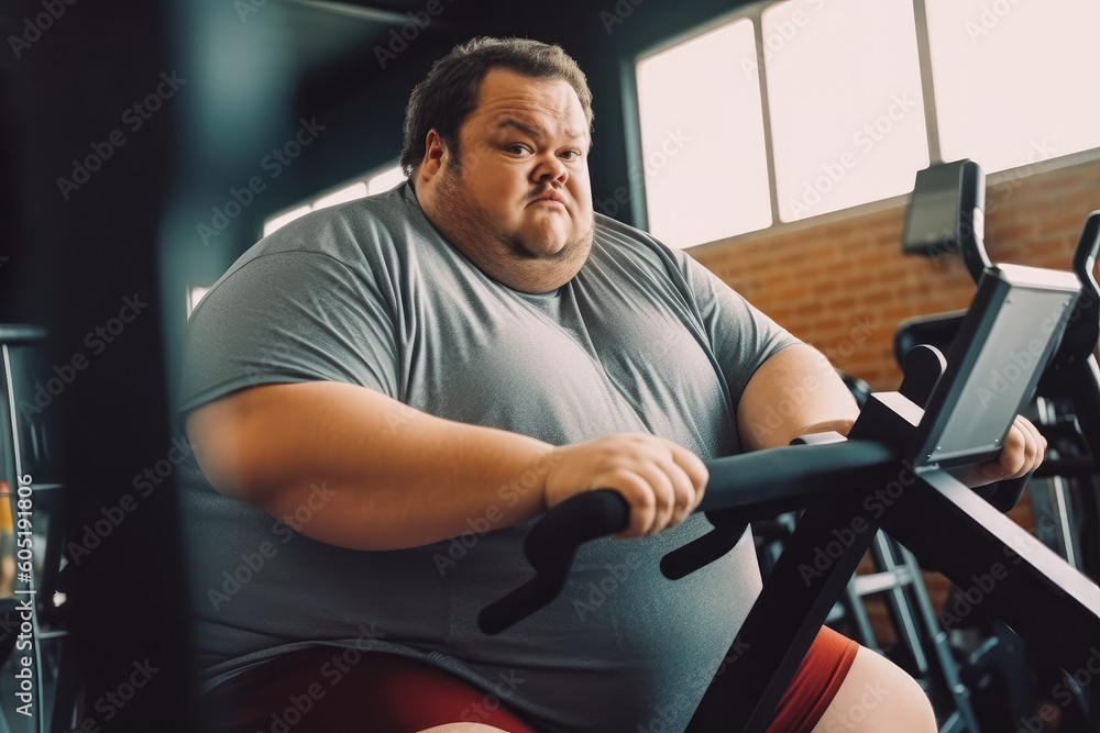 Obese overweight man working out in the gym. Active lifestyle, fitness and healthy habits concept. Generative AI Obese overweight man working out in the gym. Active lifestyle, fitness and healthy habits concept. Generative AI