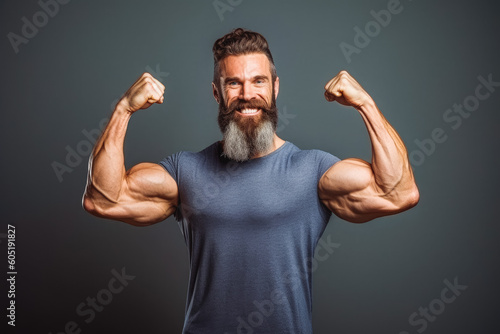 Sports nerd with huge muscle arms isolated on gray background. Man with muscles holding fists in the air. Generative AI