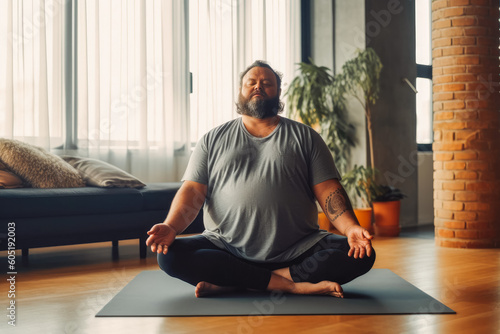 Obese overweight man practicing yoga at home. Active lifestyle, fitness and healthy habits concept. Generative AI