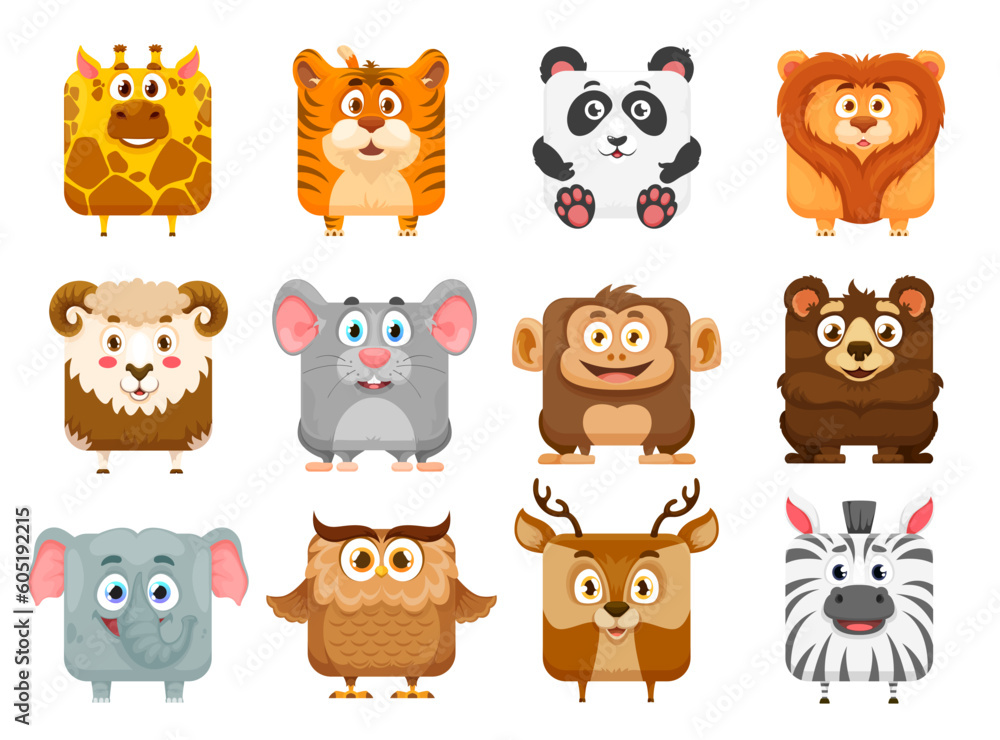 Square animal faces, kawaii cartoon characters and cute zoo animals, vector icons. Kawaii square face of mouse and bear, baby emoji stickers of panda, giraffe and elephant with zebra and monkey avatar