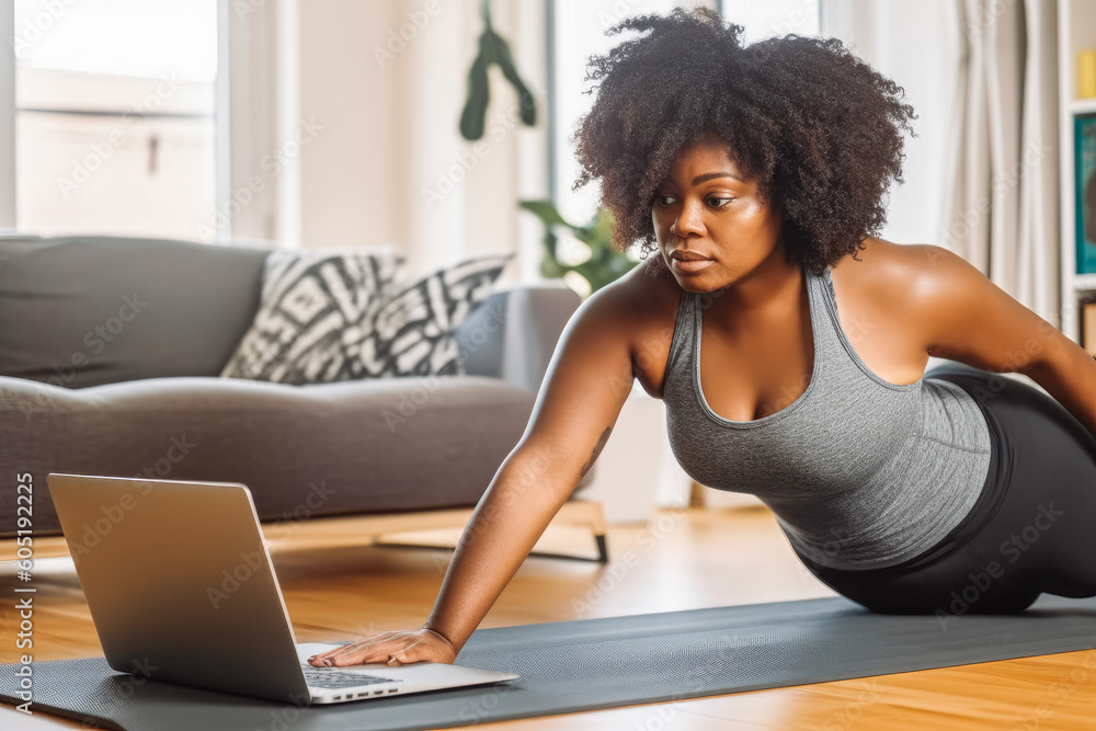 Sporty plus size woman working out in sportswear at home. Active lifestyle and healthy habits concept. Generative AI Sporty plus size woman working out in sportswear at home. Active lifestyle and healthy habits concept. Generative AI