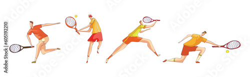 Man Athlete in Sportswear with Racket Playing Tennis Vector Set