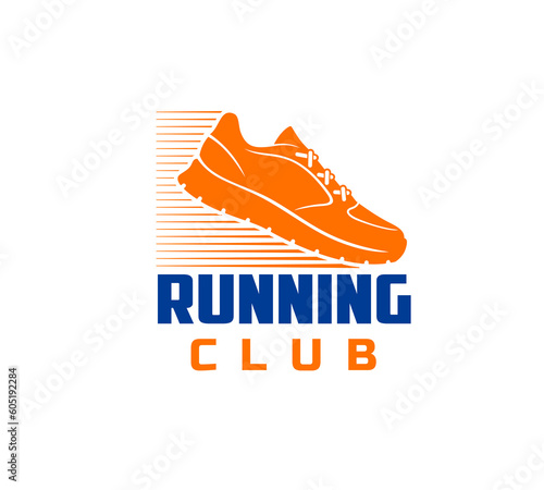 Marathon run sport icon with vector running shoes. Jogging, running, marathon or sprint, foot race competition isolated symbol with orange silhouette of athletic shoes or sneakers, run sport club sign