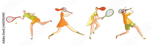 Man and Woman Athlete in Sportswear with Racket Playing Tennis Vector Set