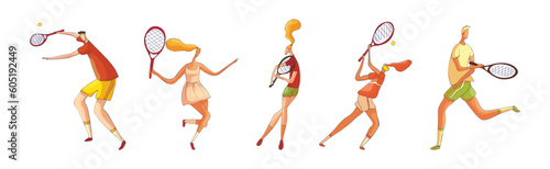 Man and Woman Athlete in Sportswear with Racket Playing Tennis Vector Set