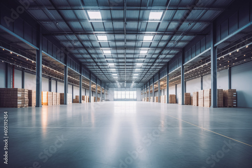Modern warehouse or industry building interior. Huge warehouse storage space without people. Generative AI
